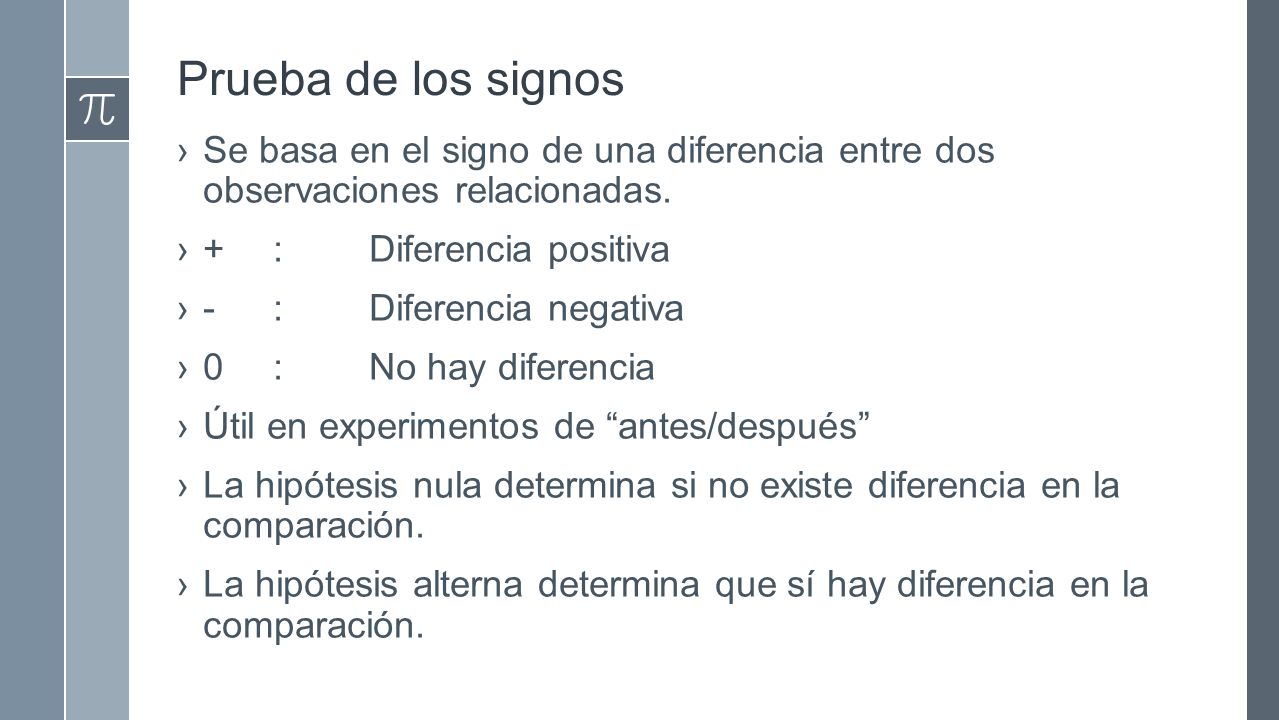 Prueba de los signos Se basa en el signo de una diferencia entre dos observaciones relacionadas. + : Diferencia positiva.