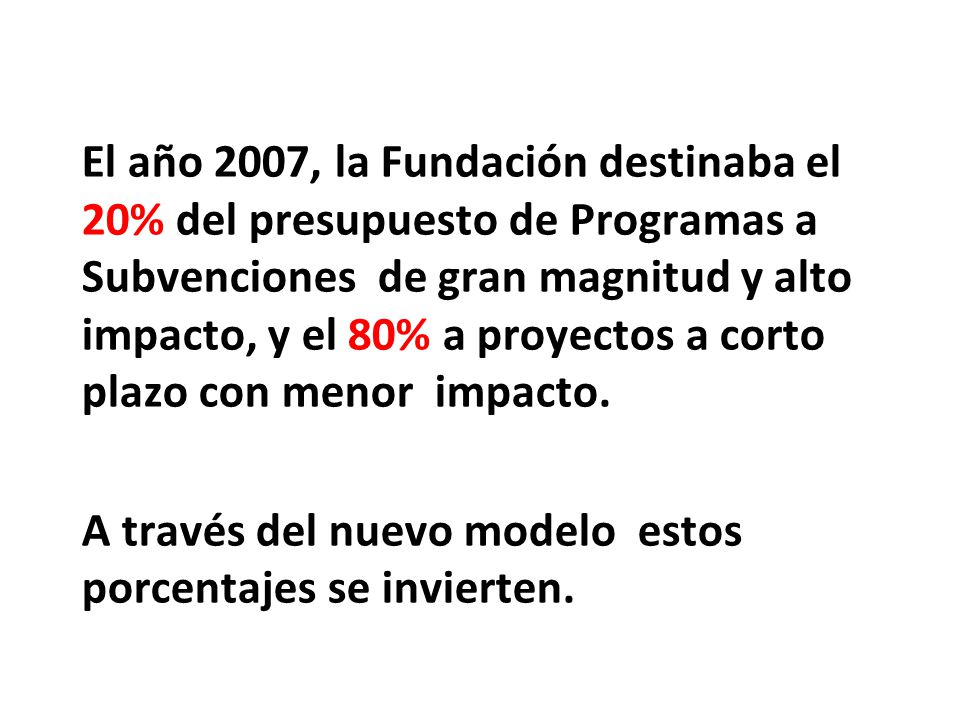 El año 2007, la Fundación destinaba el 20% del presupuesto de Programas a Subvenciones de gran magnitud y alto impacto, y el 80% a proyectos a corto plazo con menor impacto.