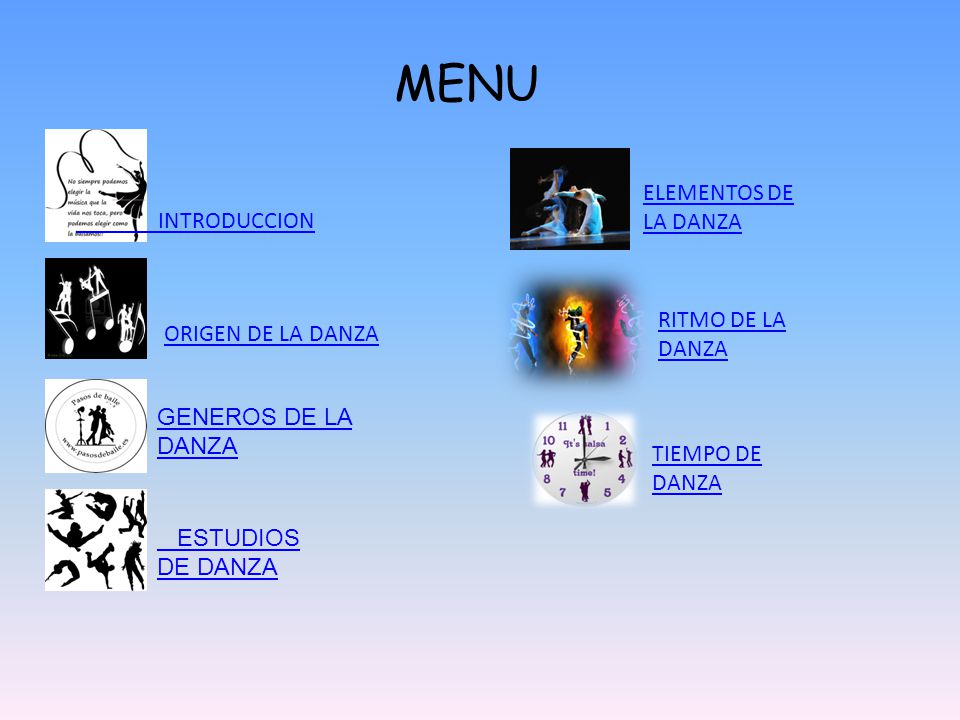 MENU ELEMENTOS DE LA DANZA INTRODUCCION RITMO DE LA DANZA
