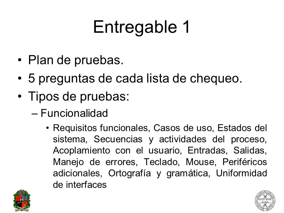 Entregable 1 Plan de pruebas. 5 preguntas de cada lista de chequeo.