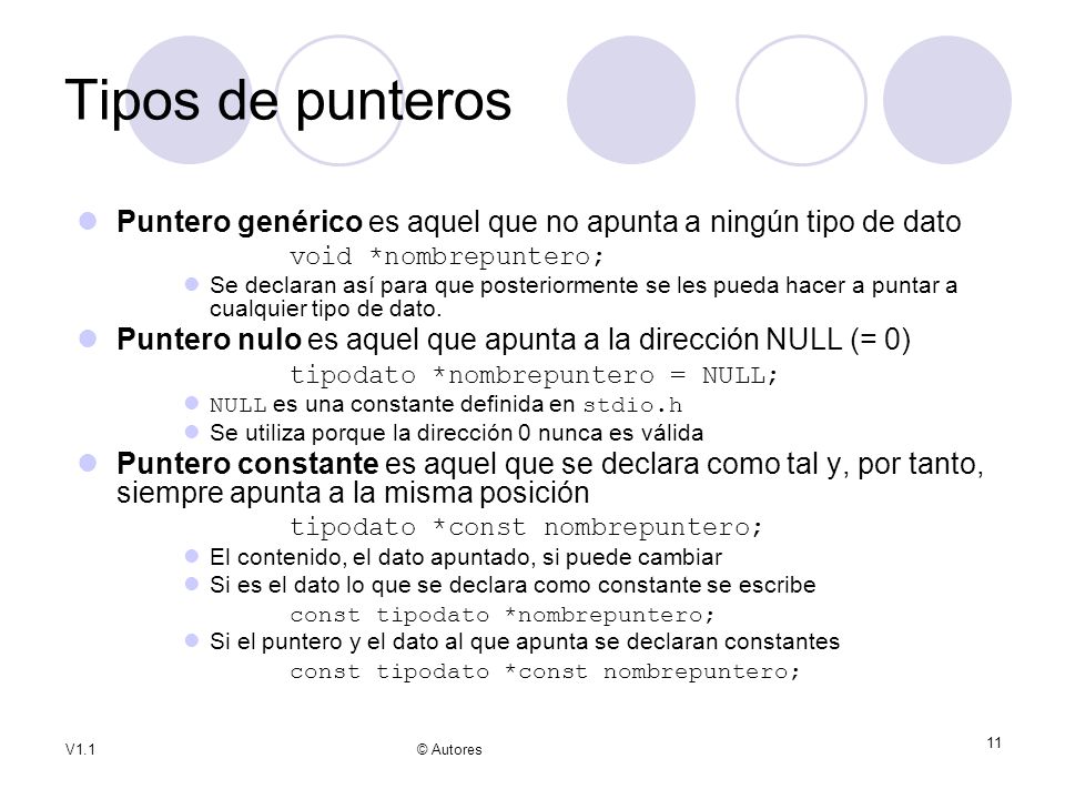 Tipos de punteros Puntero genérico es aquel que no apunta a ningún tipo de dato. void *nombrepuntero;