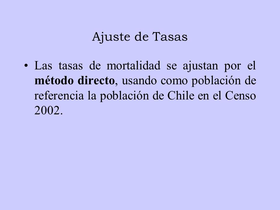Ajuste de Tasas Las tasas de mortalidad se ajustan por el método directo, usando como población de referencia la población de Chile en el Censo