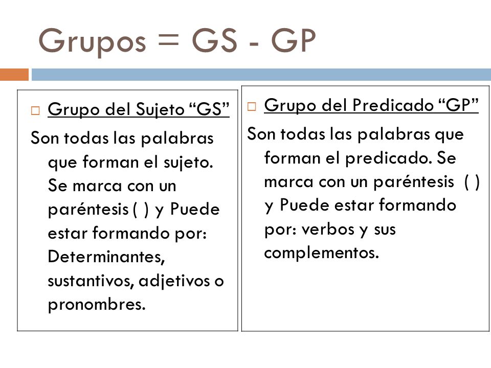 Grupos = GS - GP Grupo del Predicado GP Grupo del Sujeto GS