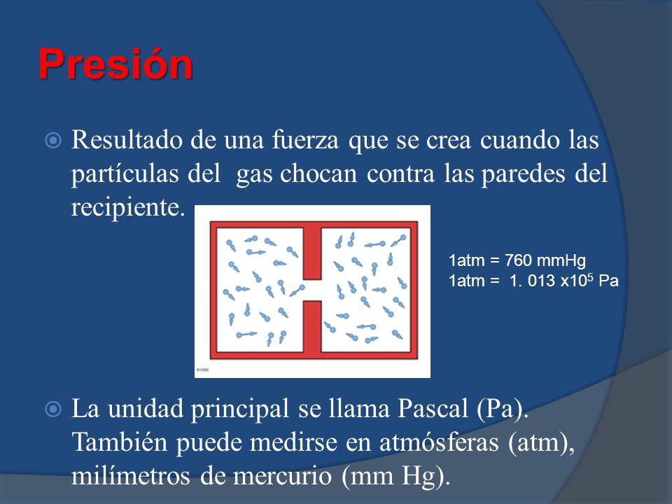 Presión Resultado de una fuerza que se crea cuando las partículas del gas chocan contra las paredes del recipiente.