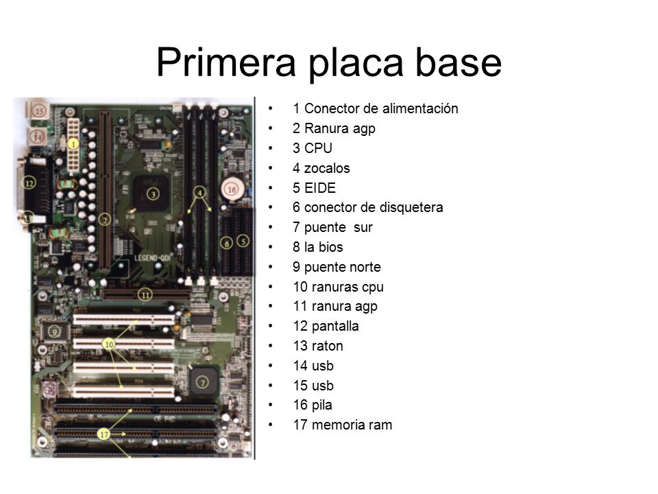 Primera placa base 1 Conector de alimentación 2 Ranura agp 3 CPU - ppt  video online descargar