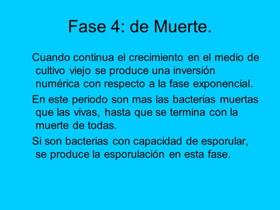 Fase 4: de Muerte. Cuando continua el crecimiento en el medio de cultivo viejo se produce una inversión numérica con respecto a la fase exponencial.