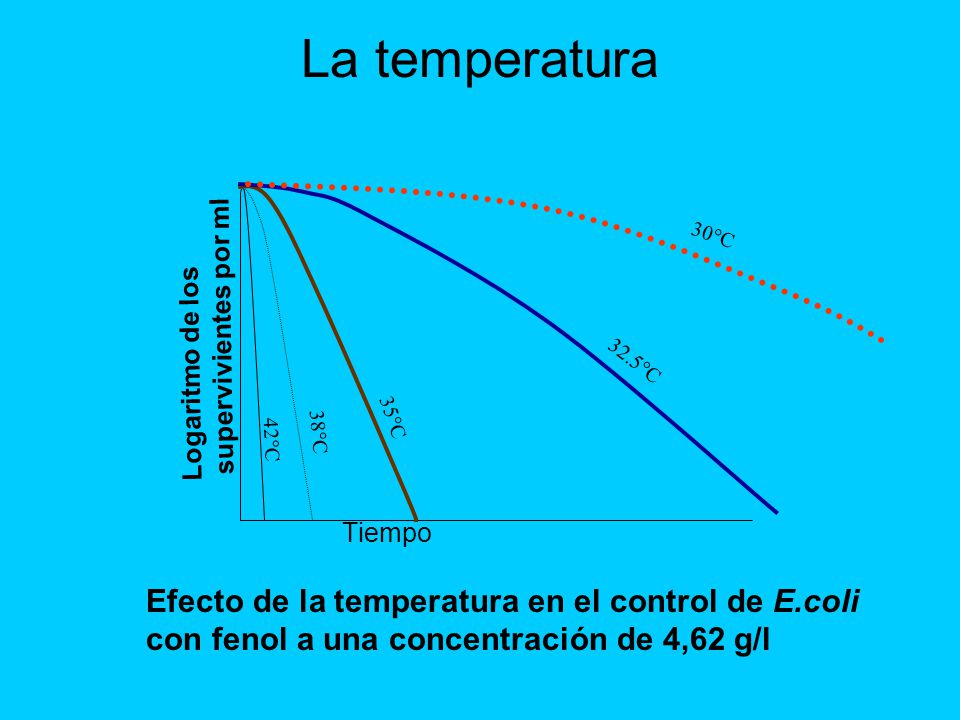 La temperatura Logaritmo de los supervivientes por ml. 42°C. 38°C. 35°C. 30°C. 32.5°C. Tiempo.