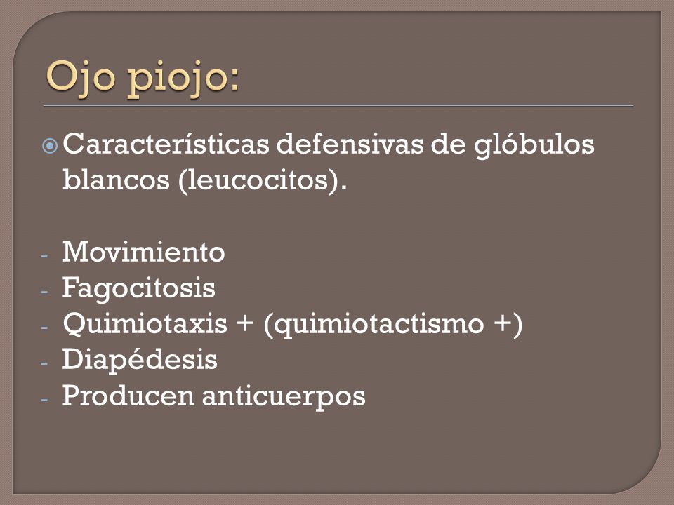 Ojo piojo: Características defensivas de glóbulos blancos (leucocitos). Movimiento. Fagocitosis. Quimiotaxis + (quimiotactismo +)