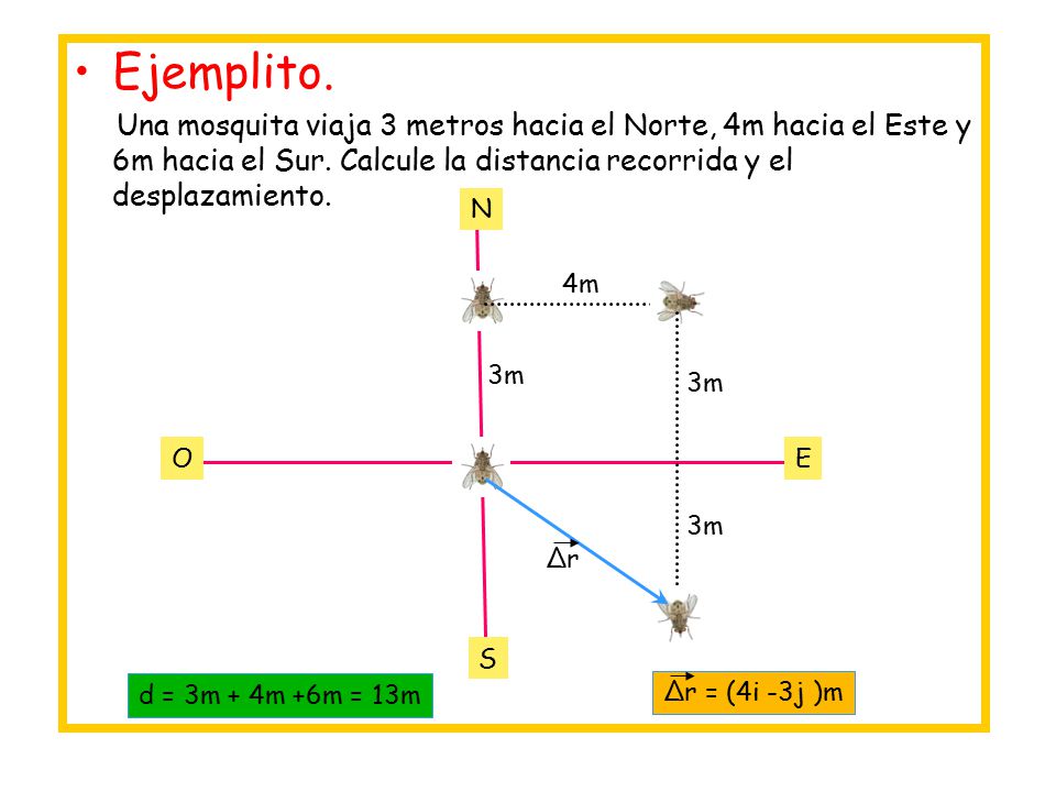 Ejemplito. Una mosquita viaja 3 metros hacia el Norte, 4m hacia el Este y 6m hacia el Sur. Calcule la distancia recorrida y el desplazamiento.