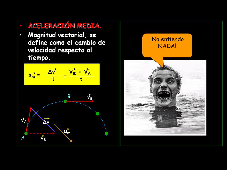 ACELERACIÓN MEDIA. Magnitud vectorial, se define como el cambio de velocidad respecto al tiempo. ¡No entiendo NADA!