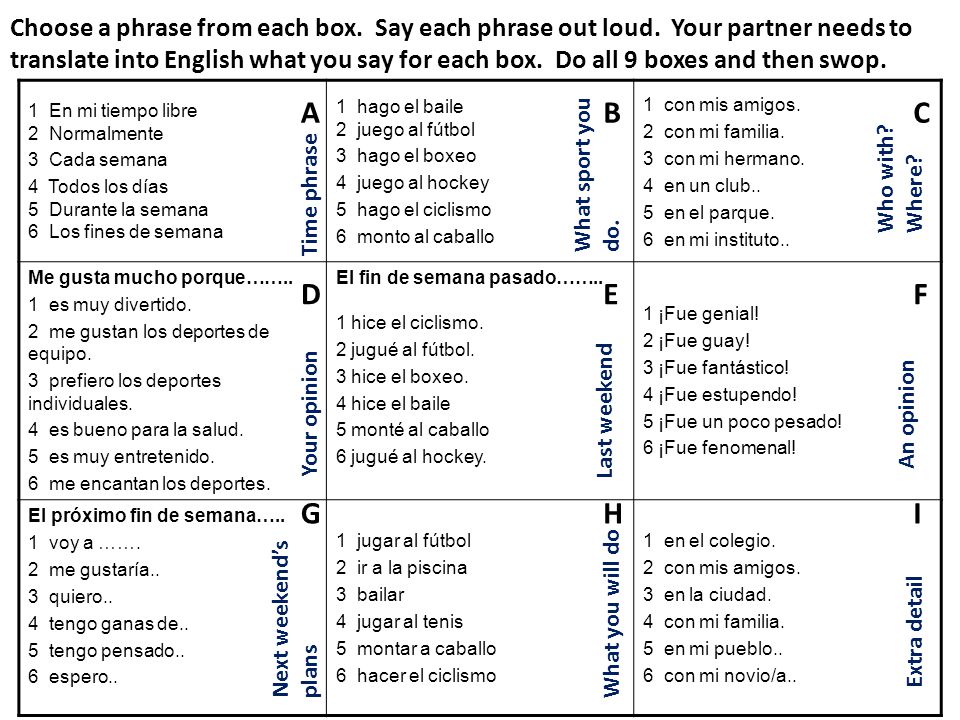 Choose a phrase from each box. Say each phrase out loud