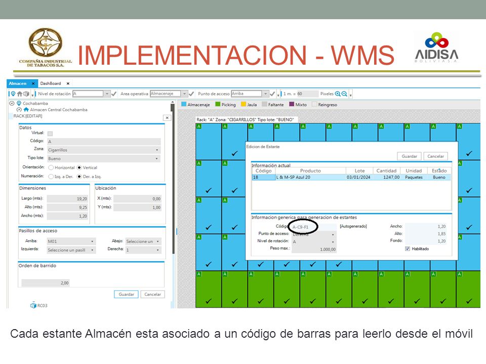 IMPLEMENTACION - WMS Cada estante Almacén esta asociado a un código de barras para leerlo desde el móvil.