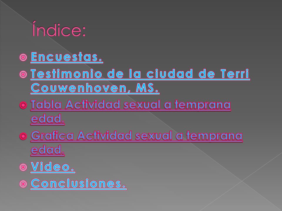 Índice: Encuestas. Testimonio de la ciudad de Terri Couwenhoven, MS.