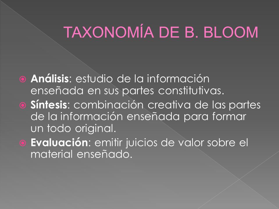 TAXONOMÍA DE B. BLOOM Análisis: estudio de la información enseñada en sus partes constitutivas.