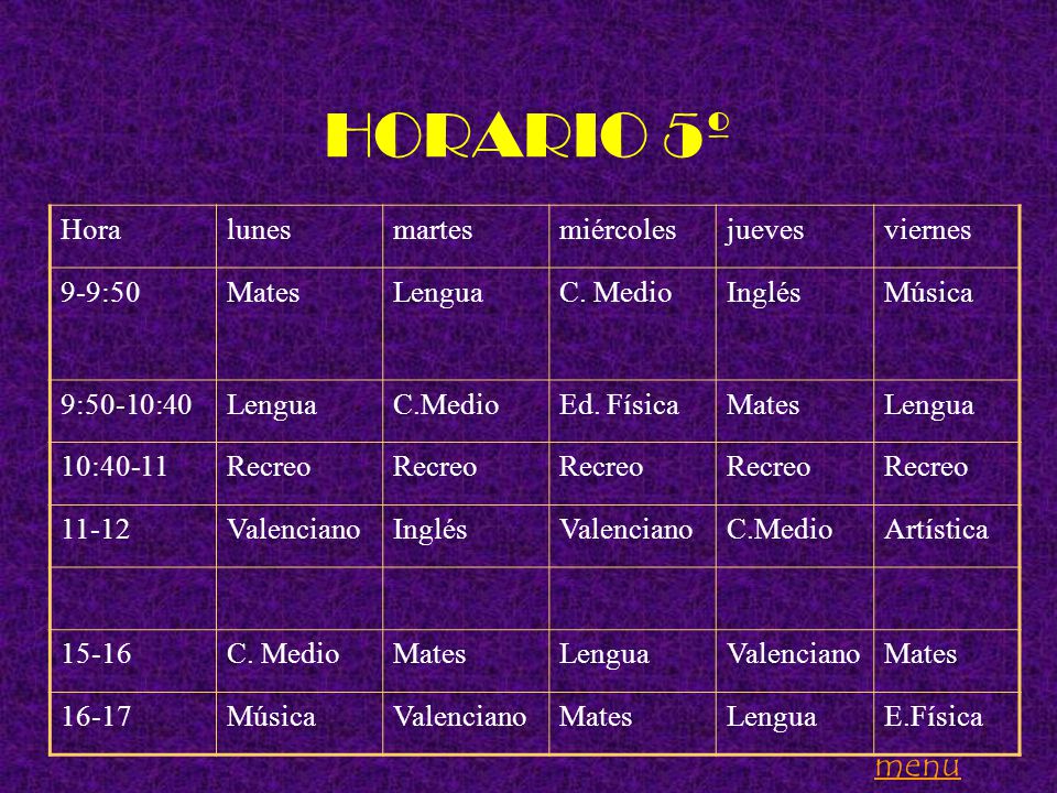 HORARIO 5º menu Hora lunes martes miércoles jueves viernes 9-9:50