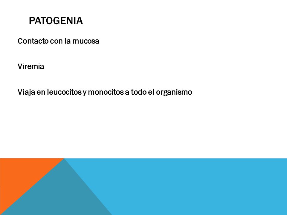 Patogenia Contacto con la mucosa Viremia Viaja en leucocitos y monocitos a todo el organismo