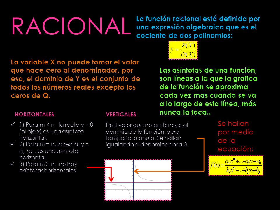 RACIONAL La función racional está definida por una expresión algebraica que es el cociente de dos polinomios: