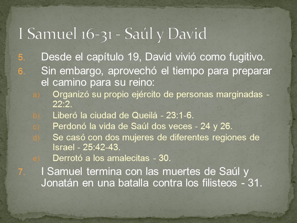 I Samuel Saúl y David Desde el capítulo 19, David vivió como fugitivo.