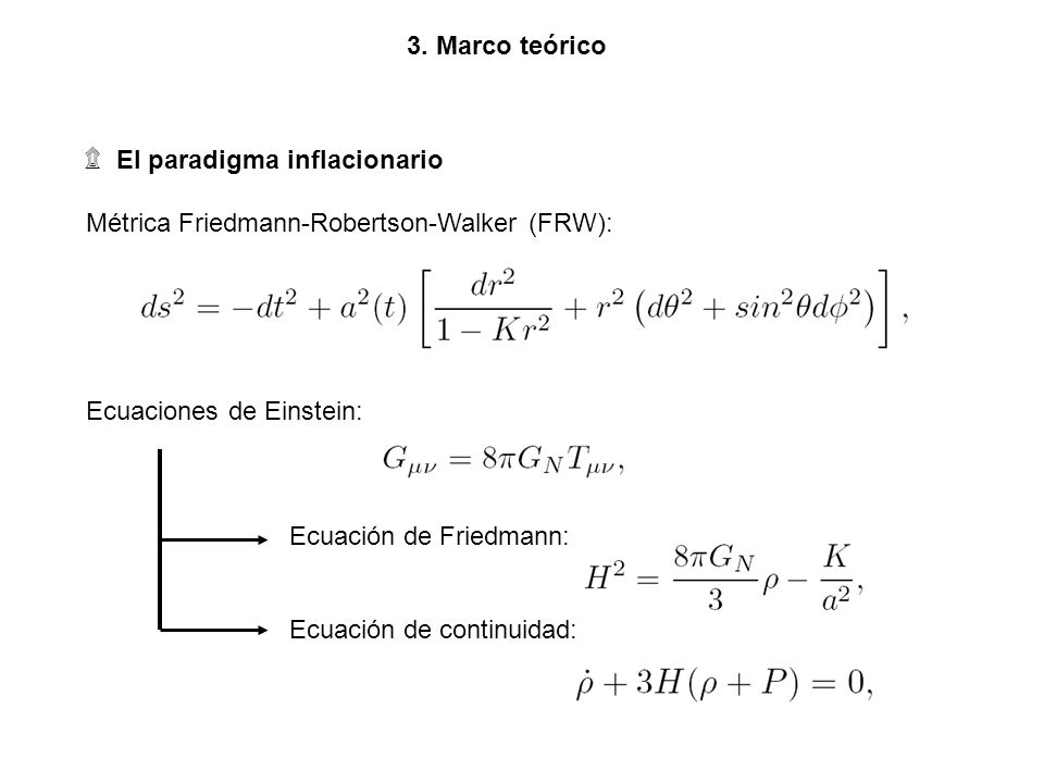 3. Marco teórico ۩ El paradigma inflacionario. Métrica Friedmann-Robertson-Walker (FRW): Ecuaciones de Einstein: