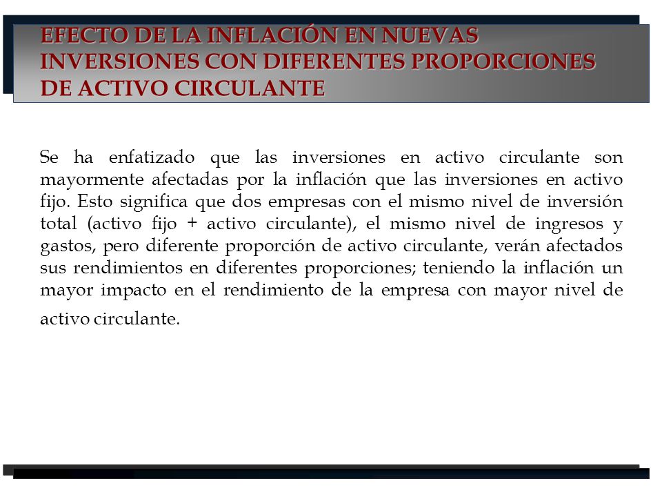 EFECTO DE LA INFLACIÓN EN NUEVAS INVERSIONES CON DIFERENTES PROPORCIONES DE ACTIVO CIRCULANTE