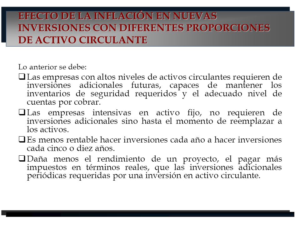 EFECTO DE LA INFLACIÓN EN NUEVAS INVERSIONES CON DIFERENTES PROPORCIONES DE ACTIVO CIRCULANTE