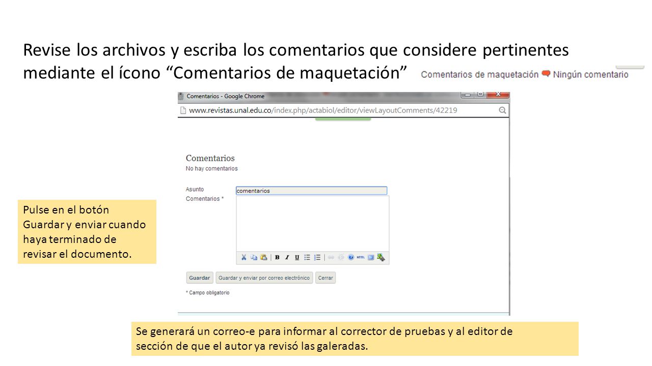 Revise los archivos y escriba los comentarios que considere pertinentes mediante el ícono Comentarios de maquetación