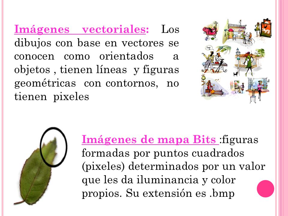 Imágenes vectoriales: Los dibujos con base en vectores se conocen como orientados a objetos , tienen líneas y figuras geométricas con contornos, no tienen pixeles