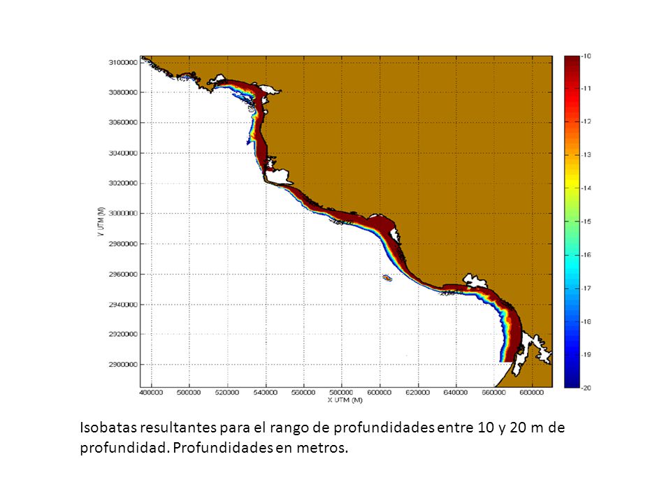 Isobatas resultantes para el rango de profundidades entre 10 y 20 m de profundidad.
