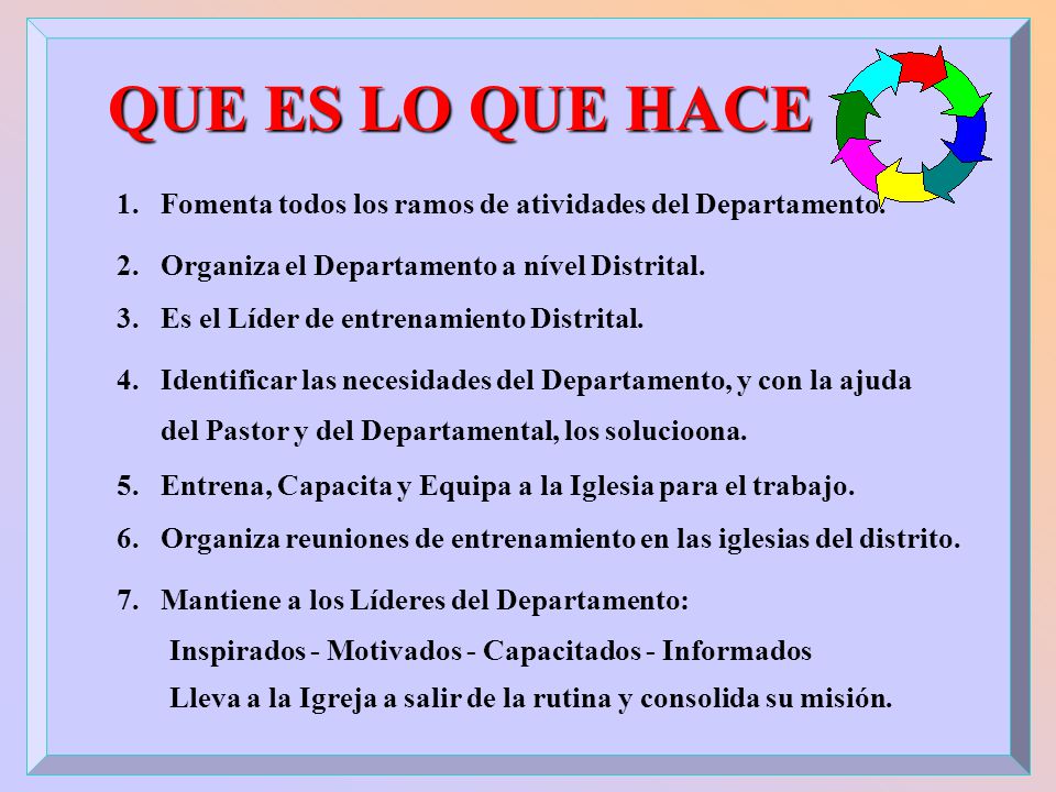 QUE ES LO QUE HACE 1. Fomenta todos los ramos de atividades del Departamento. 2. Organiza el Departamento a nível Distrital.