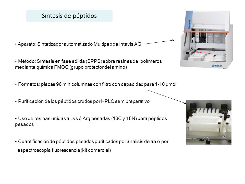 Síntesis de péptidos Aparato: Sintetizador automatizado Multipep de Intavis AG.