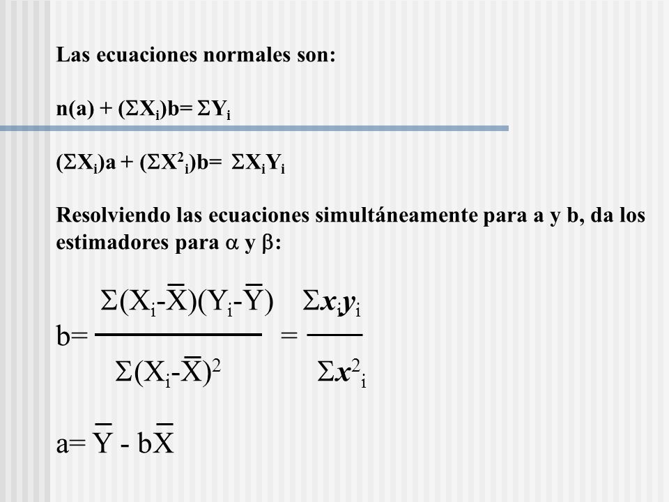 S(Xi-X)(Yi-Y) Sxiyi b= = S(Xi-X)2 Sx2i a= Y - bX