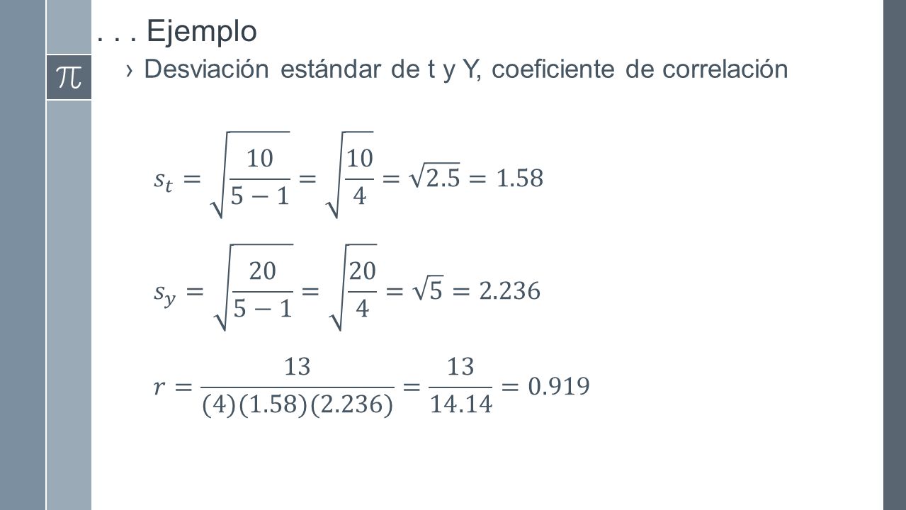 . . . Ejemplo Desviación estándar de t y Y, coeficiente de correlación
