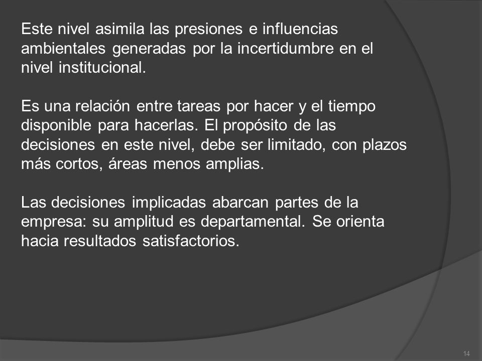Este nivel asimila las presiones e influencias ambientales generadas por la incertidumbre en el nivel institucional.
