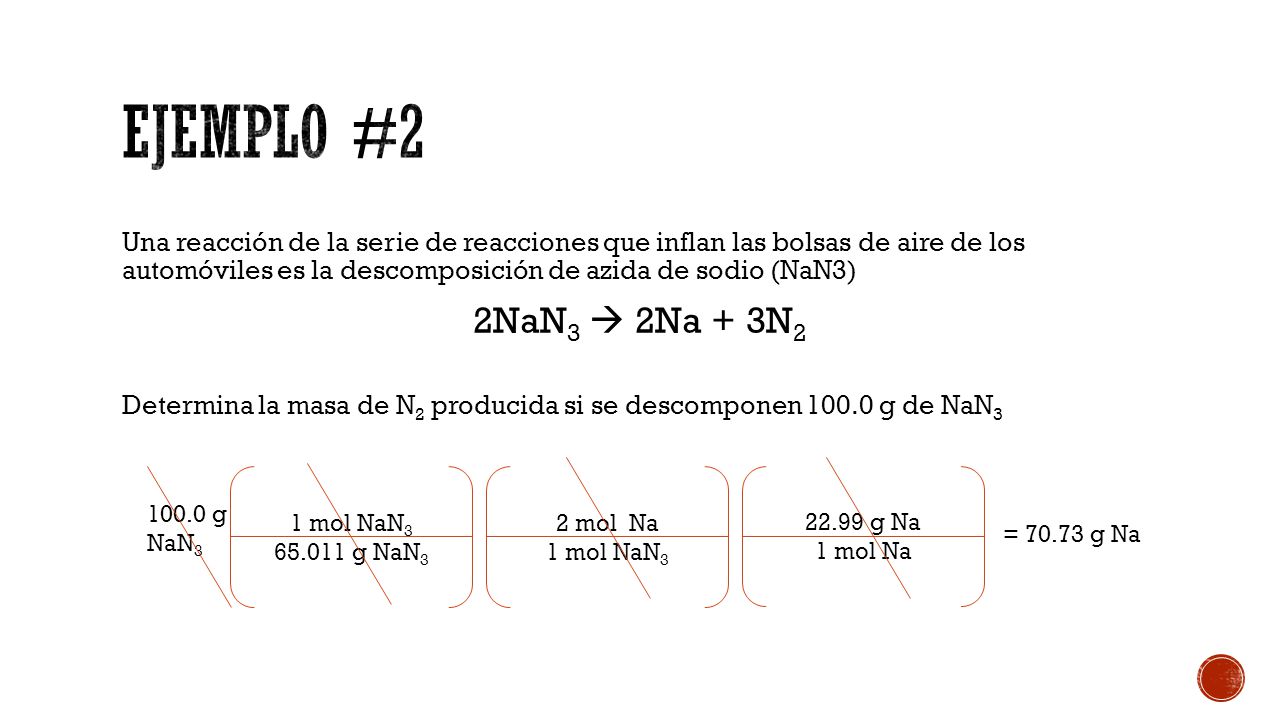 Ejemplo #2 Una reacción de la serie de reacciones que inflan las bolsas de aire de los automóviles es la descomposición de azida de sodio (NaN3)