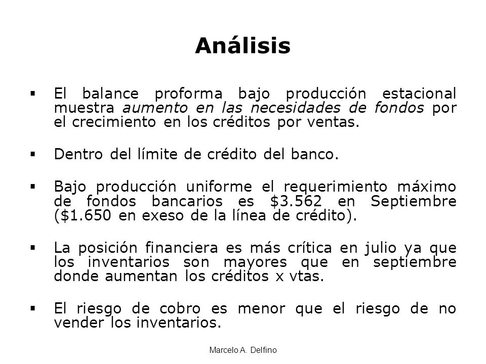 Análisis El balance proforma bajo producción estacional muestra aumento en las necesidades de fondos por el crecimiento en los créditos por ventas.