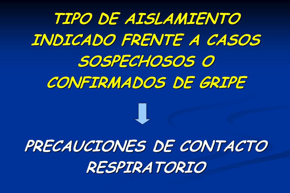 TIPO DE AISLAMIENTO INDICADO FRENTE A CASOS SOSPECHOSOS O CONFIRMADOS DE GRIPE PRECAUCIONES DE CONTACTO RESPIRATORIO