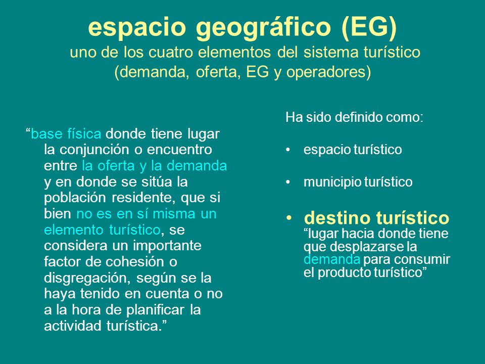 espacio geográfico (EG) uno de los cuatro elementos del sistema turístico (demanda, oferta, EG y operadores)