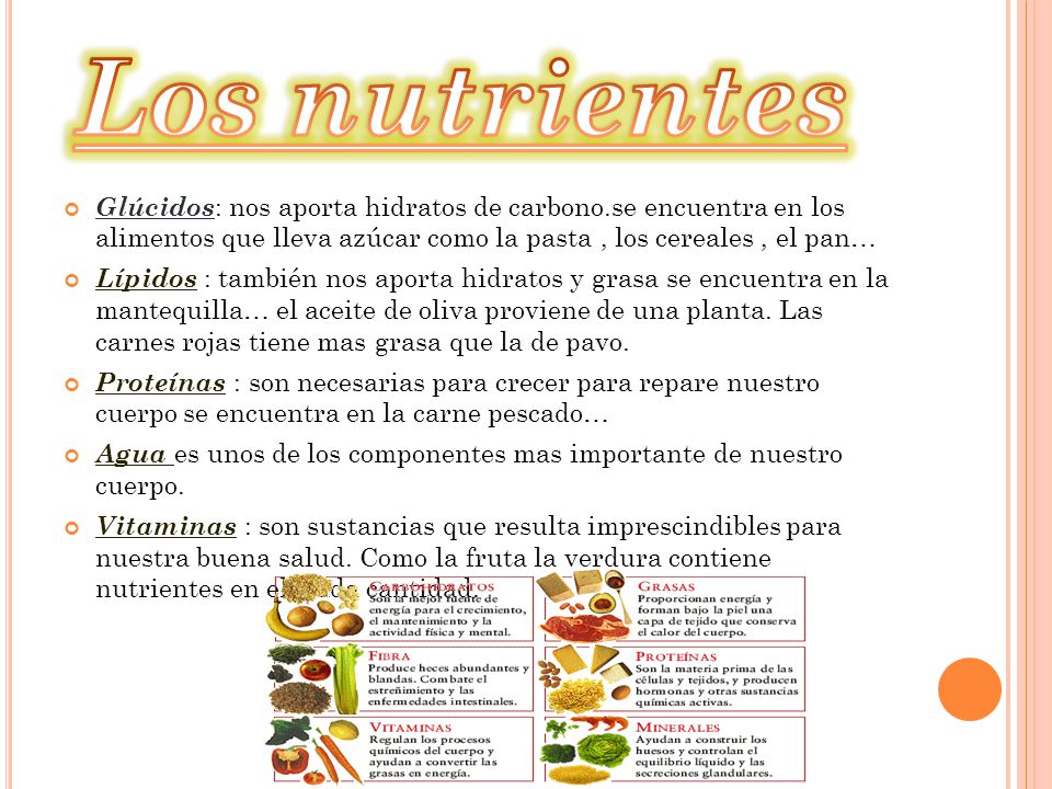 Los nutrientes Glúcidos: nos aporta hidratos de carbono.se encuentra en los alimentos que lleva azúcar como la pasta , los cereales , el pan…