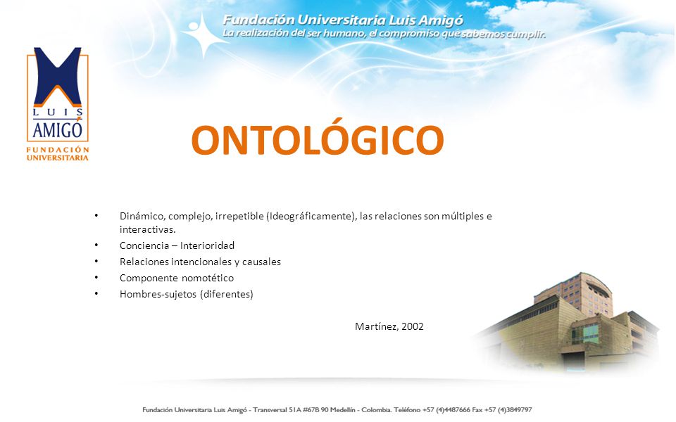 ONTOLÓGICO Dinámico, complejo, irrepetible (Ideográficamente), las relaciones son múltiples e interactivas.