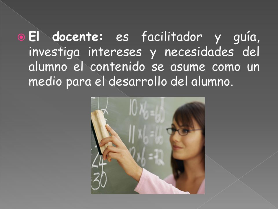 El docente: es facilitador y guía, investiga intereses y necesidades del alumno el contenido se asume como un medio para el desarrollo del alumno.