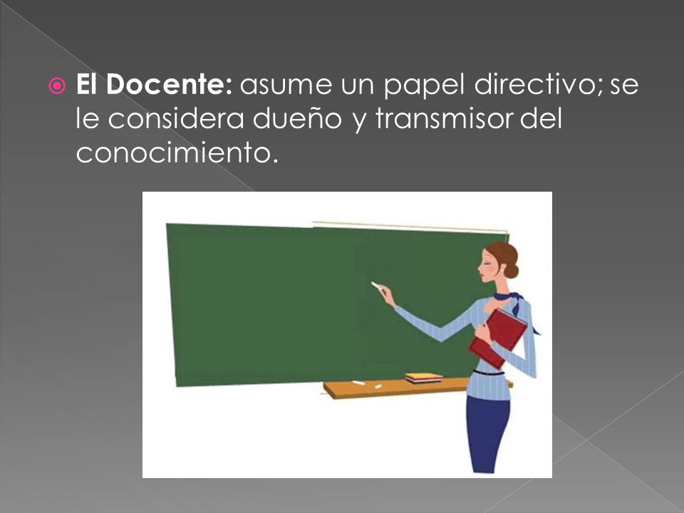El Docente: asume un papel directivo; se le considera dueño y transmisor del conocimiento.