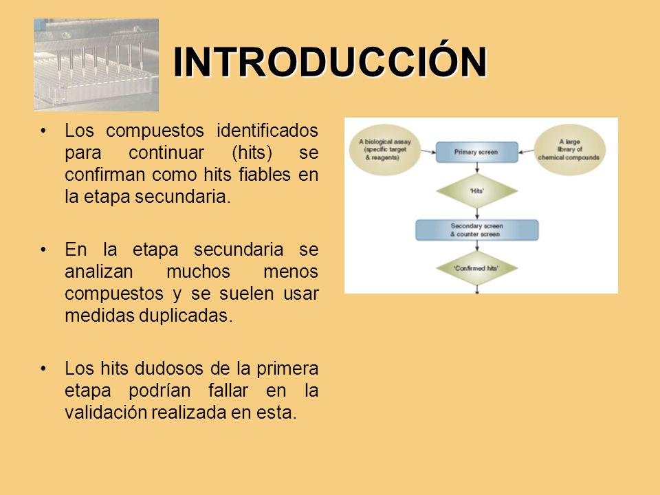 INTRODUCCIÓN Los compuestos identificados para continuar (hits) se confirman como hits fiables en la etapa secundaria.
