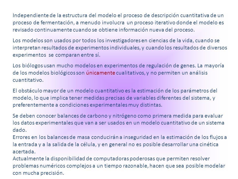Independiente de la estructura del modelo el proceso de descripción cuantitativa de un proceso de fermentación, a menudo involucra un proceso iterativo donde el modelo es revisado continuamente cuando se obtiene información nueva del proceso.