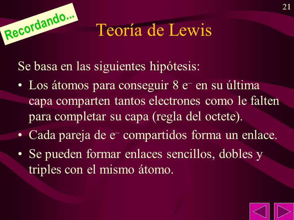 Teoría de Lewis Recordando... Se basa en las siguientes hipótesis: