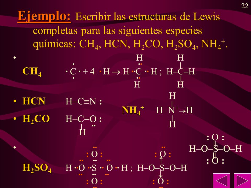 Ejemplo: Escribir las estructuras de Lewis completas para las siguientes especies químicas: CH4, HCN, H2CO, H2SO4, NH4+.