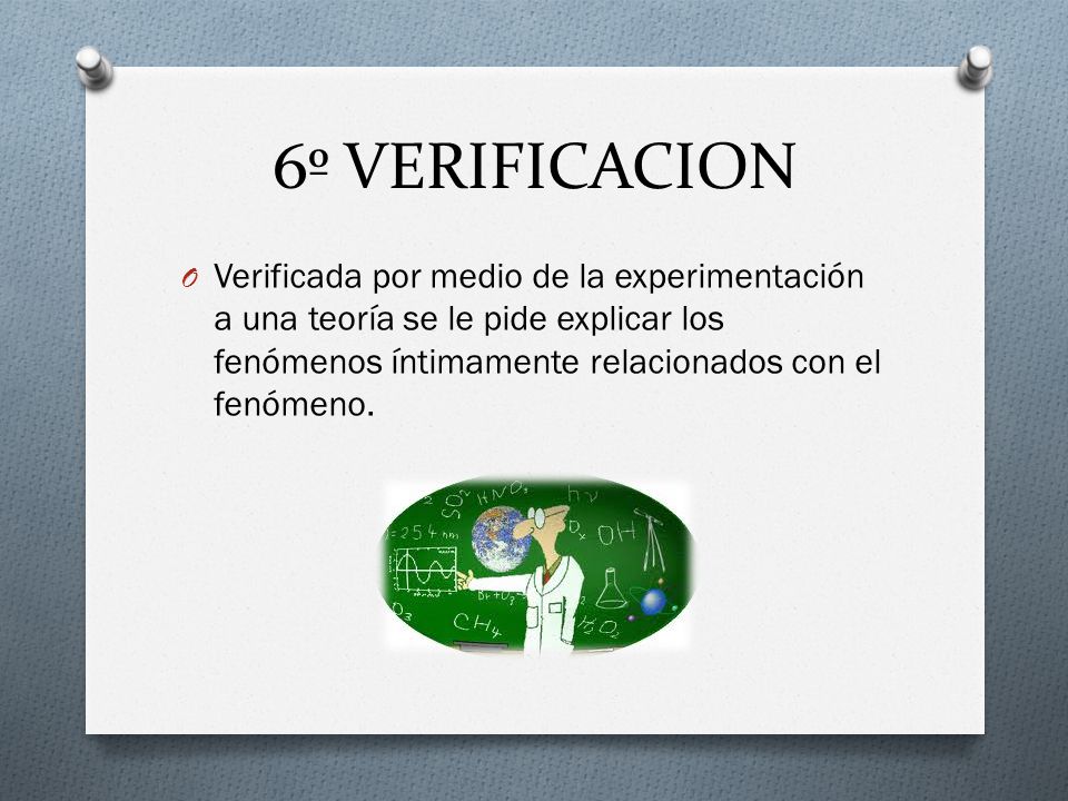6º VERIFICACION Verificada por medio de la experimentación a una teoría se le pide explicar los fenómenos íntimamente relacionados con el fenómeno.
