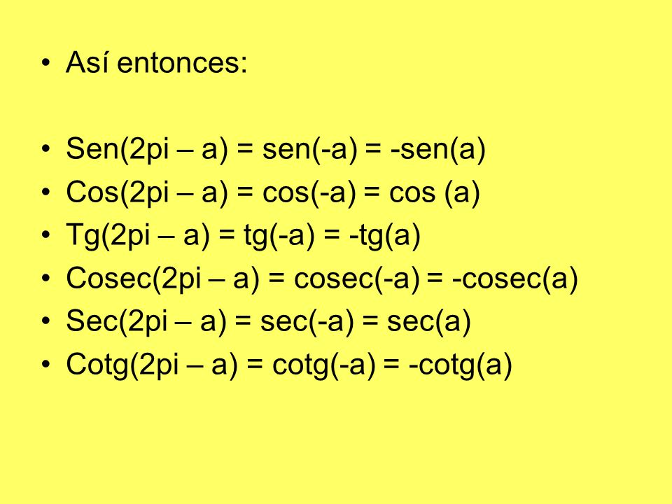 Así entonces: Sen(2pi – a) = sen(-a) = -sen(a) Cos(2pi – a) = cos(-a) = cos (a) Tg(2pi – a) = tg(-a) = -tg(a)