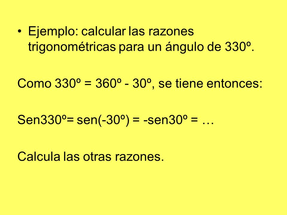 Ejemplo: calcular las razones trigonométricas para un ángulo de 330º.