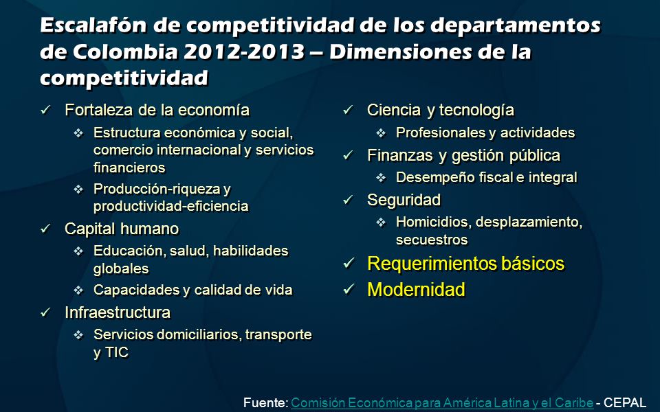 Escalafón de competitividad de los departamentos de Colombia – Dimensiones de la competitividad