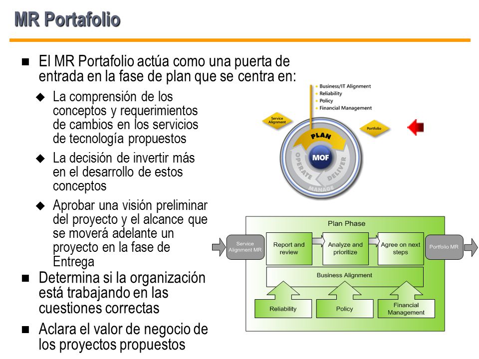 MR Portafolio El MR Portafolio actúa como una puerta de entrada en la fase de plan que se centra en: